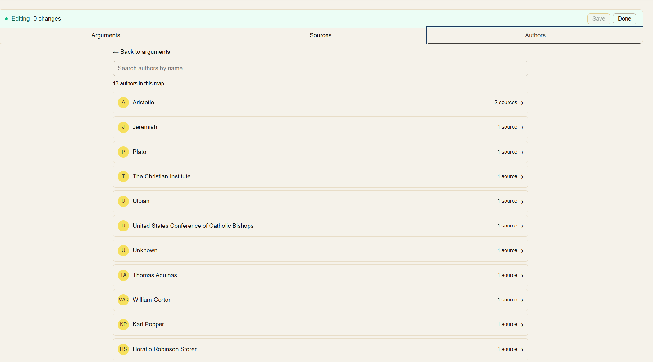 Adding and managing authors for an argument from the card view