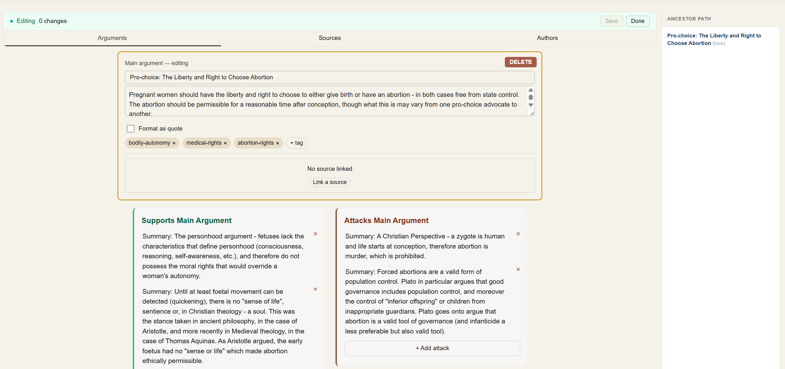 Editing an argument inline within the card view