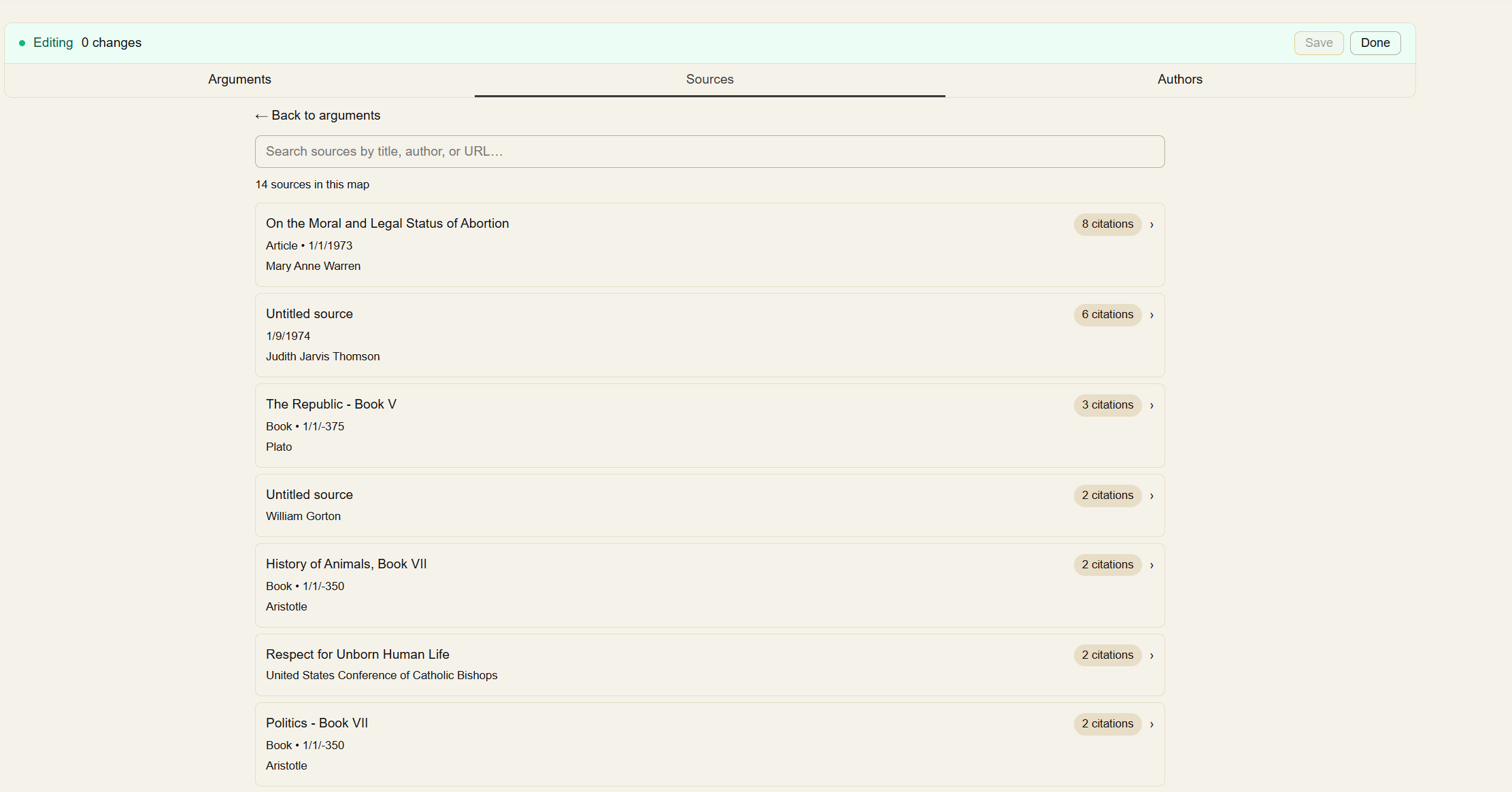 Attaching sources to an argument from the card view